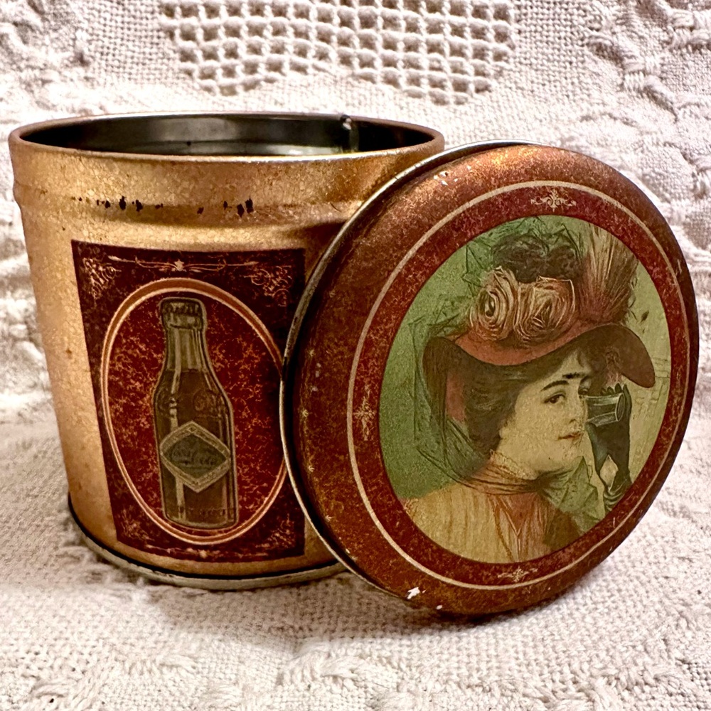 Vtg Coca Cola Round Tin Storage Container /Can w Victorian Women Advertising